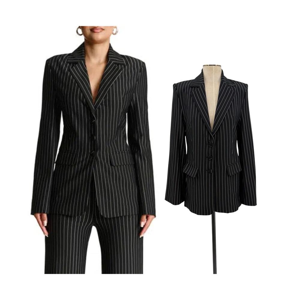 Naked Wardrobe Drama Shoulder Pinstripe Blazer Jacket Black Size Medium